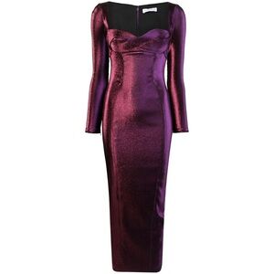 AREA Satin Long Sleeved Maxi Dress in Purple Metallic High Slit Sweetheart Sheen